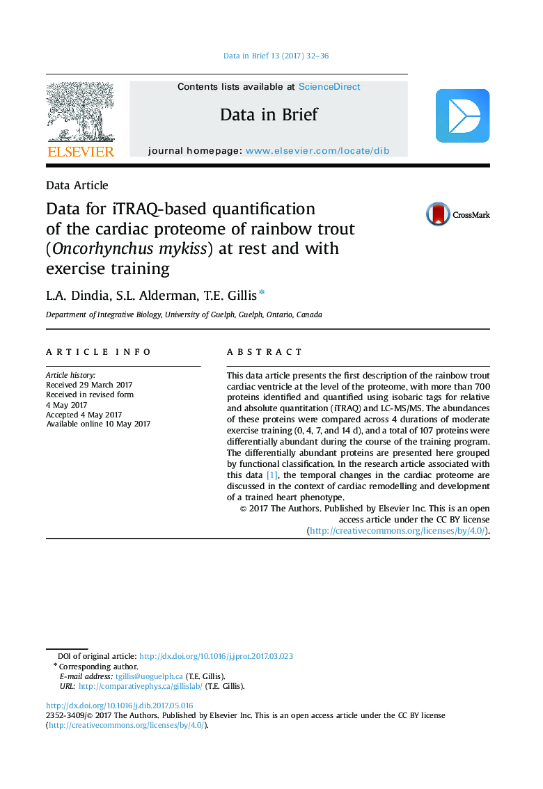 Data for iTRAQ-based quantification of the cardiac proteome of rainbow trout (Oncorhynchus mykiss) at rest and with exercise training