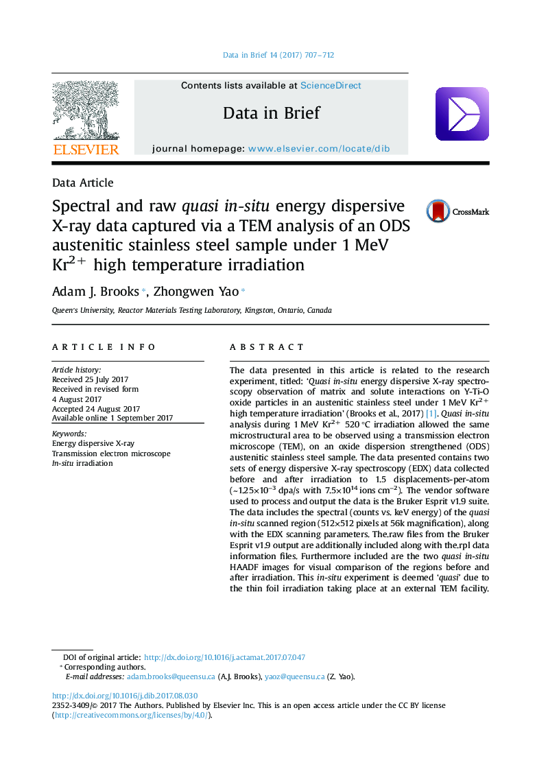 Spectral and raw quasi in-situ energy dispersive X-ray data captured via a TEM analysis of an ODS austenitic stainless steel sample under 1 MeV Kr2+ high temperature irradiation