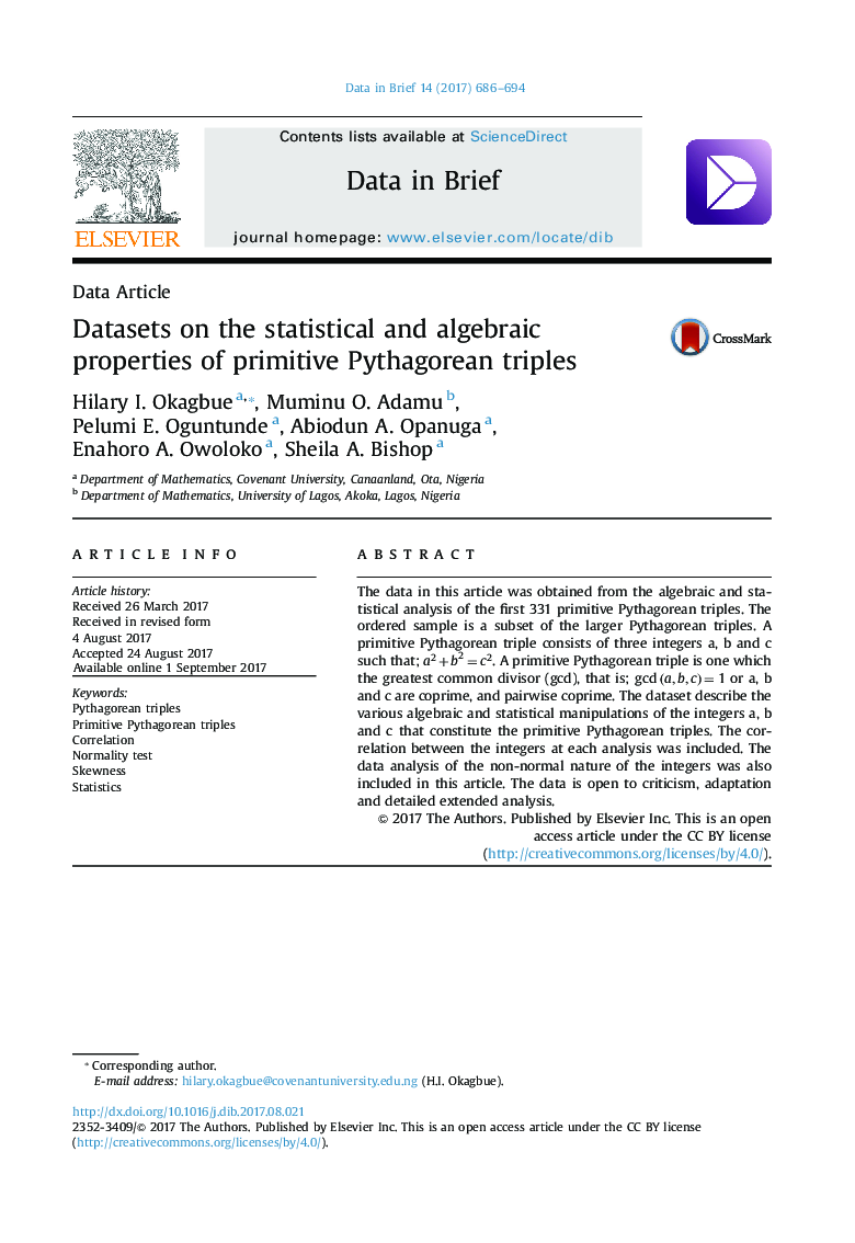 Data ArticleDatasets on the statistical and algebraic properties of primitive Pythagorean triples