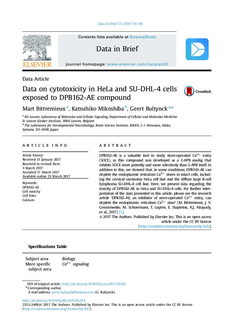 Data on cytotoxicity in HeLa and SU-DHL-4 cells exposed to DPB162-AE compound