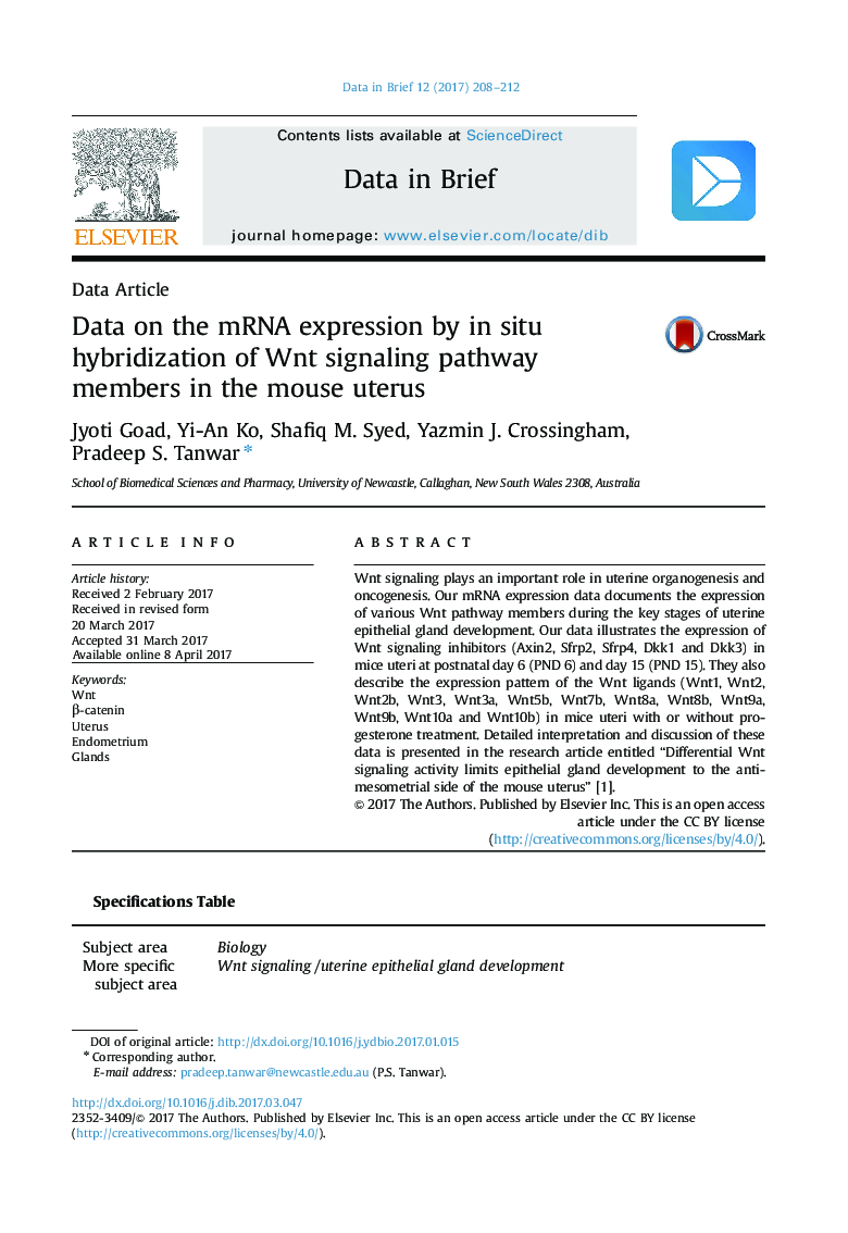 Data on the mRNA expression by in situ hybridization of Wnt signaling pathway members in the mouse uterus