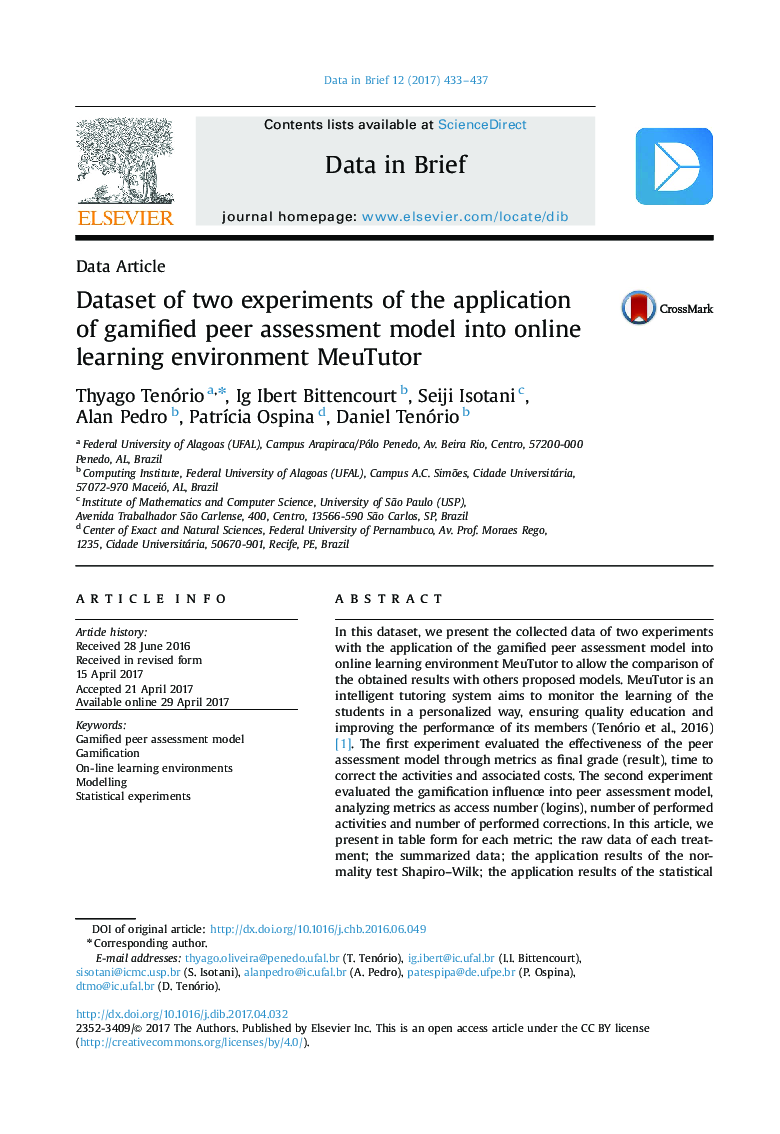 Dataset of two experiments of the application of gamified peer assessment model into online learning environment MeuTutor