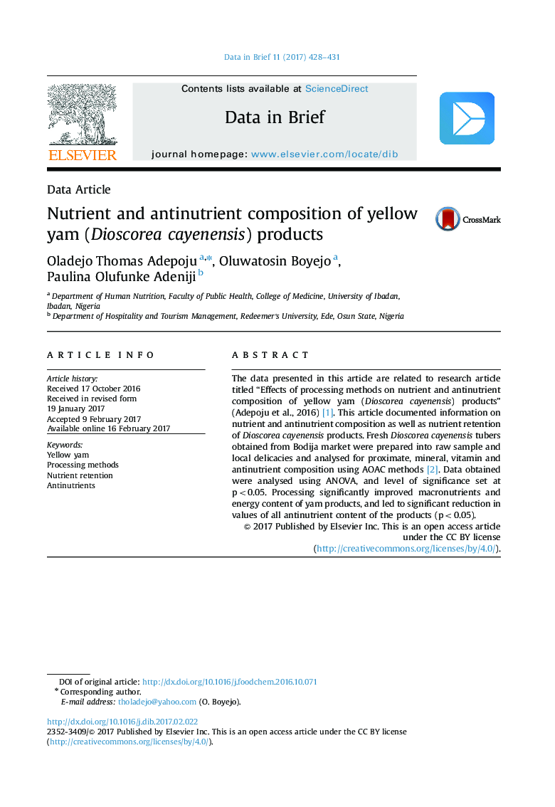 Nutrient and antinutrient composition of yellow yam (Dioscorea cayenensis) products