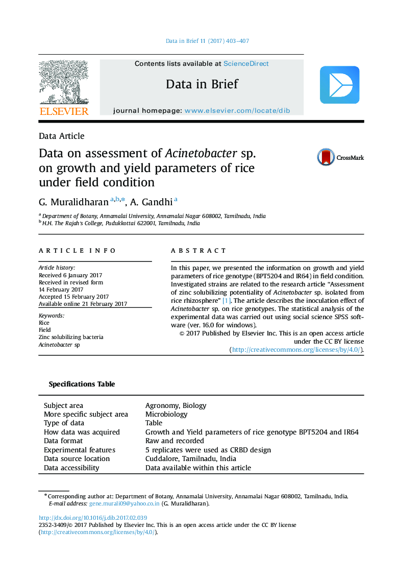 Data on assessment of Acinetobacter sp. on growth and yield parameters of rice under field condition