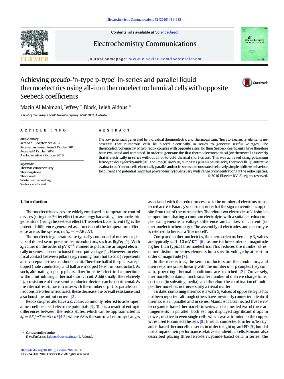 Achieving pseudo-'n-type p-type' in-series and parallel liquid thermoelectrics using all-iron thermoelectrochemical cells with opposite Seebeck coefficients