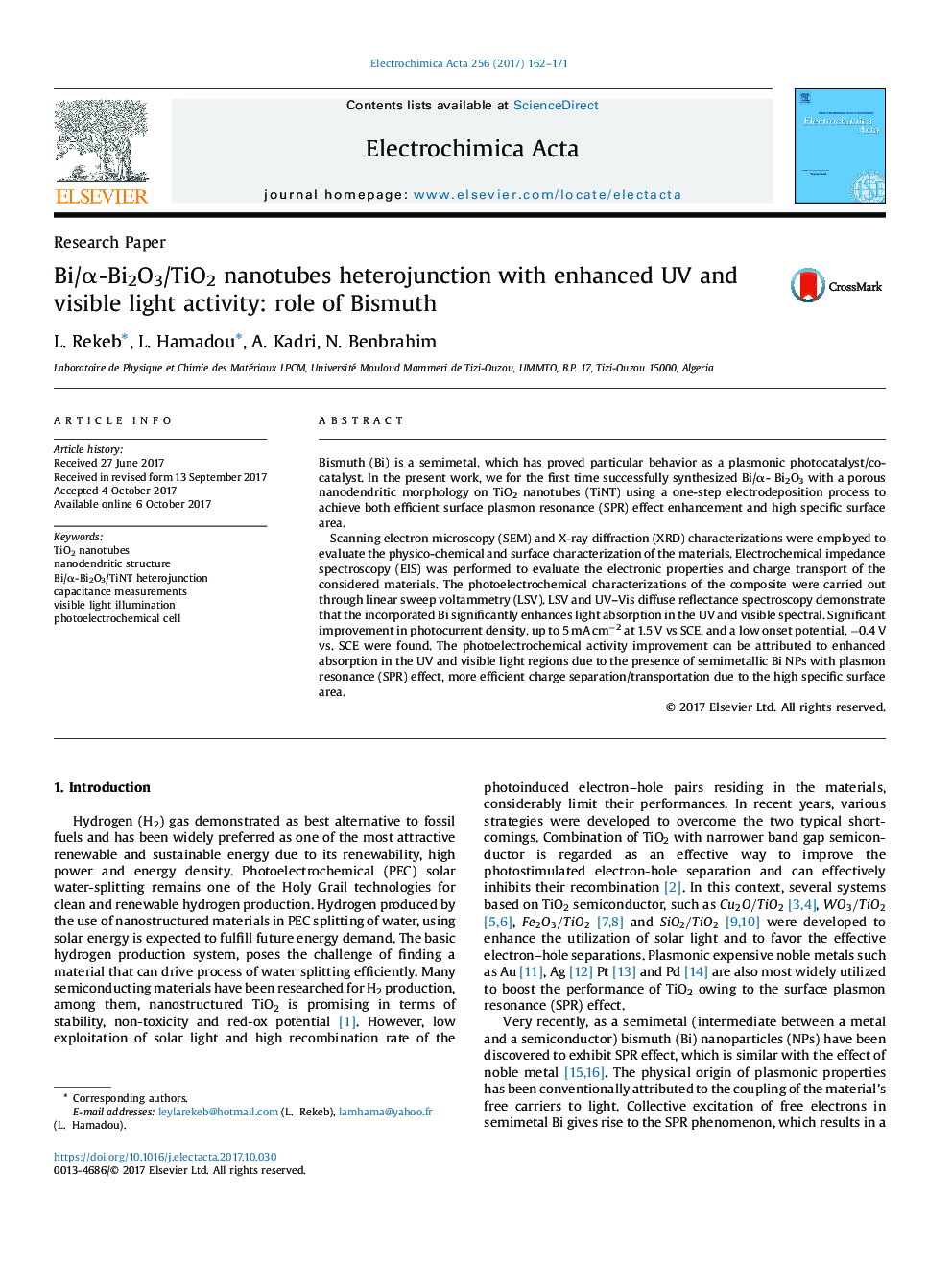 Bi/Î±-Bi2O3/TiO2 nanotubes heterojunction with enhanced UV and visible light activity: role of Bismuth