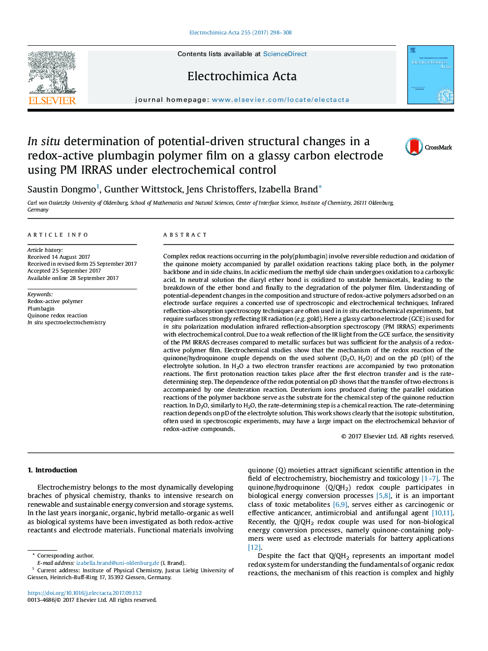 In situ determination of potential-driven structural changes in a redox-active plumbagin polymer film on a glassy carbon electrode using PM IRRAS under electrochemical control