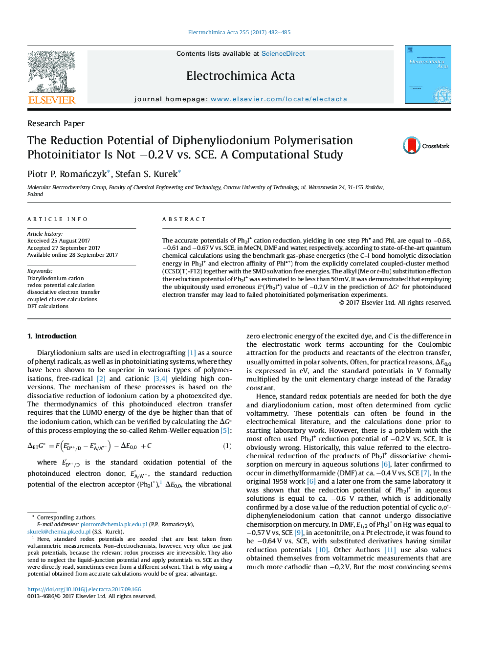 The Reduction Potential of Diphenyliodonium Polymerisation Photoinitiator Is Not â0.2Â V vs. SCE. A Computational Study