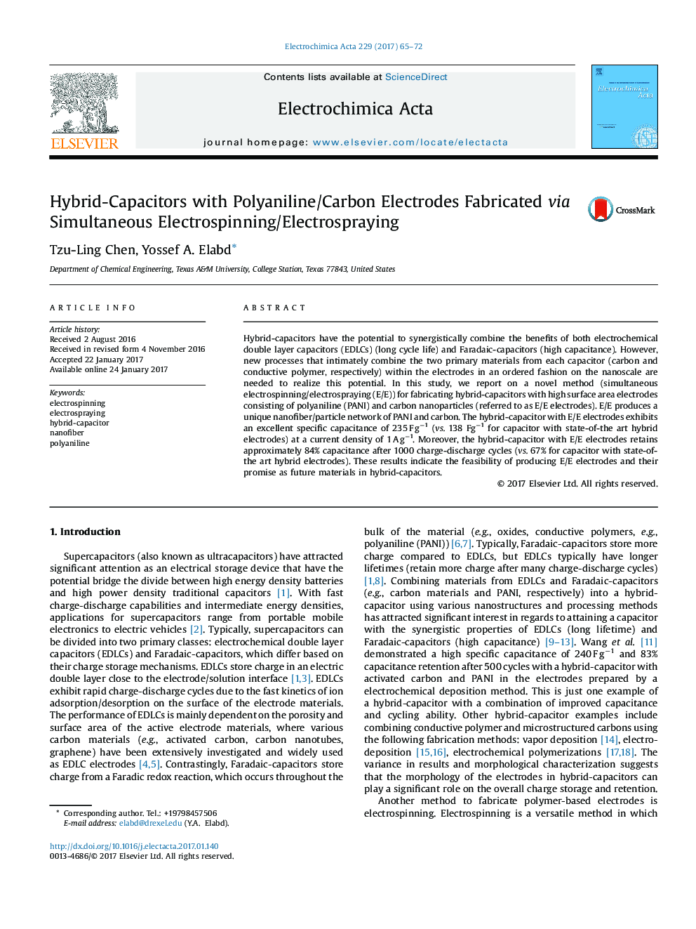 Hybrid-Capacitors with Polyaniline/Carbon Electrodes Fabricated via Simultaneous Electrospinning/Electrospraying