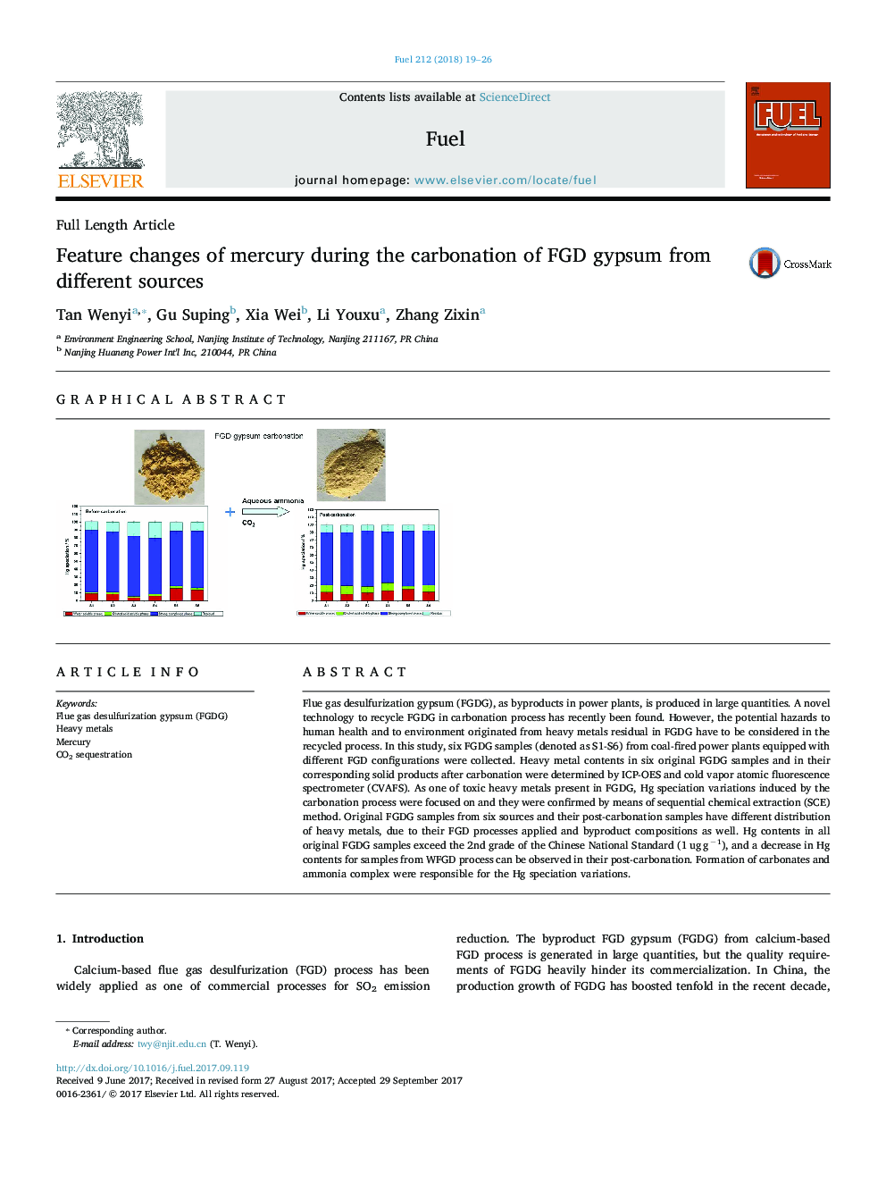 Feature changes of mercury during the carbonation of FGD gypsum from different sources