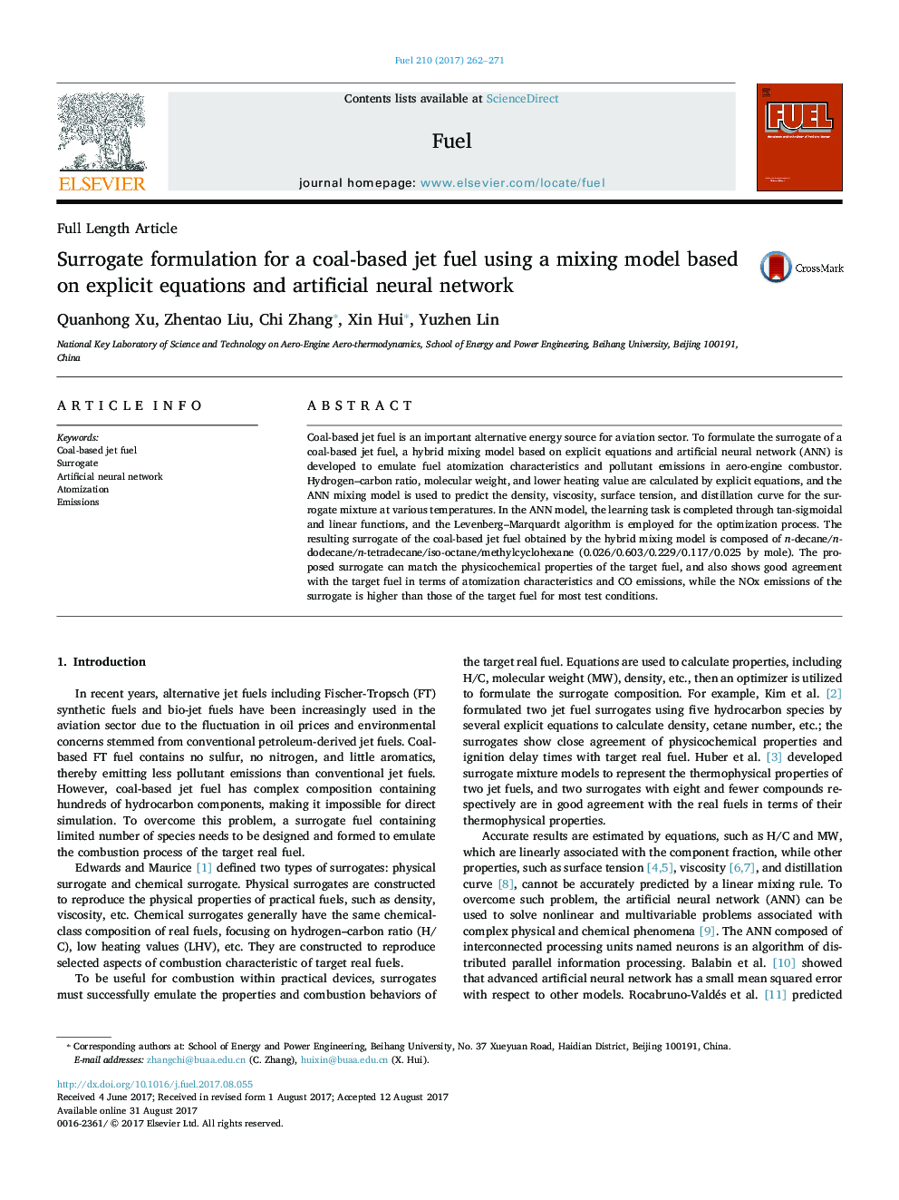 Full Length ArticleSurrogate formulation for a coal-based jet fuel using a mixing model based on explicit equations and artificial neural network