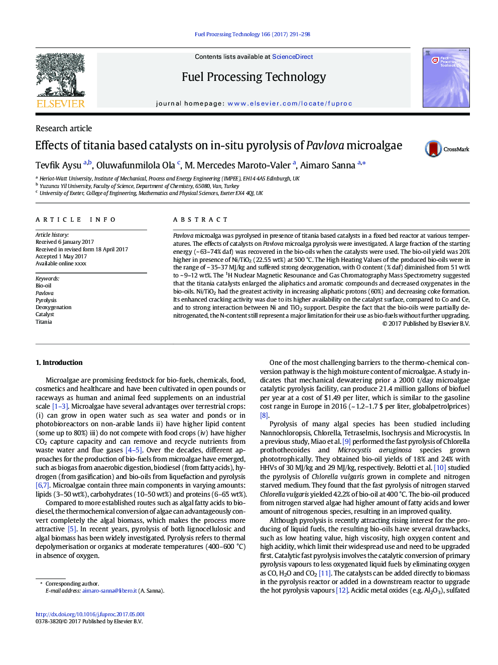 Effects of titania based catalysts on in-situ pyrolysis of Pavlova microalgae