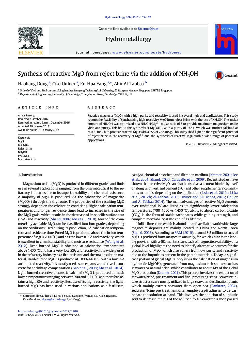 Synthesis of reactive MgO from reject brine via the addition of NH4OH