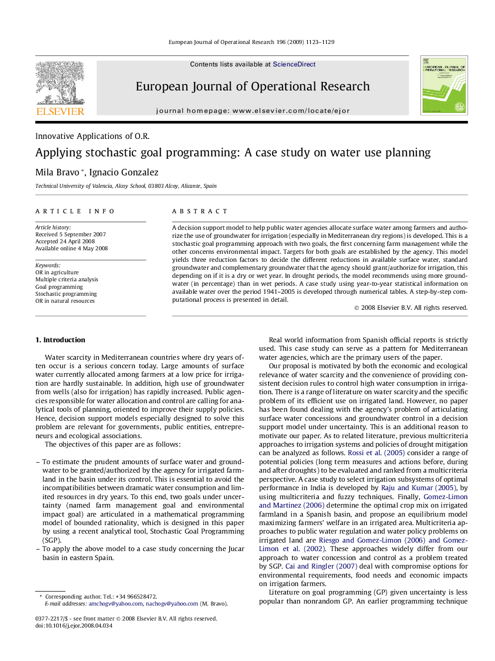 Applying stochastic goal programming: A case study on water use planning