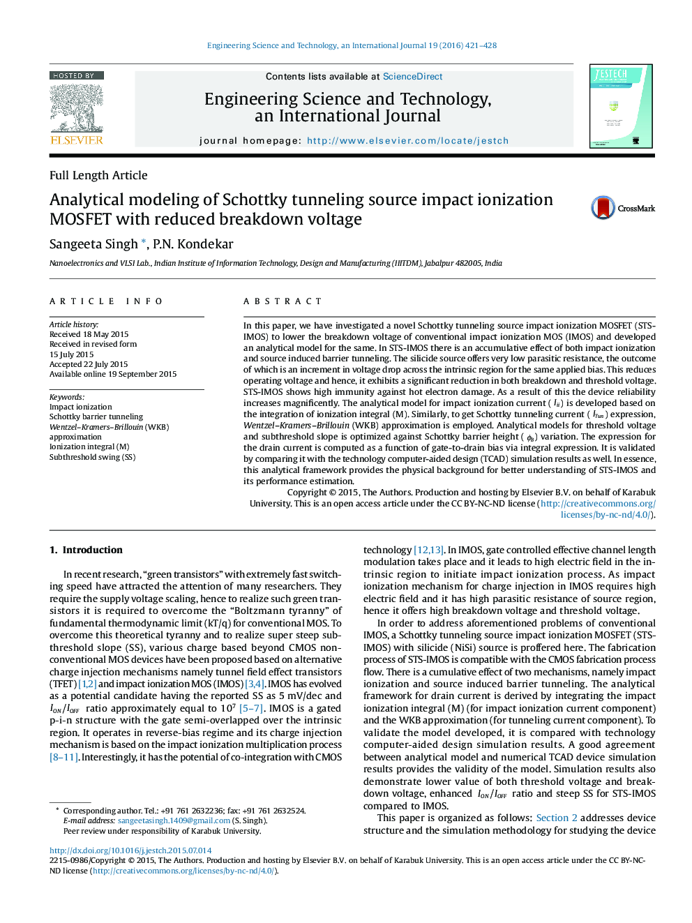 Analytical modeling of Schottky tunneling source impact ionization MOSFET with reduced breakdown voltage 