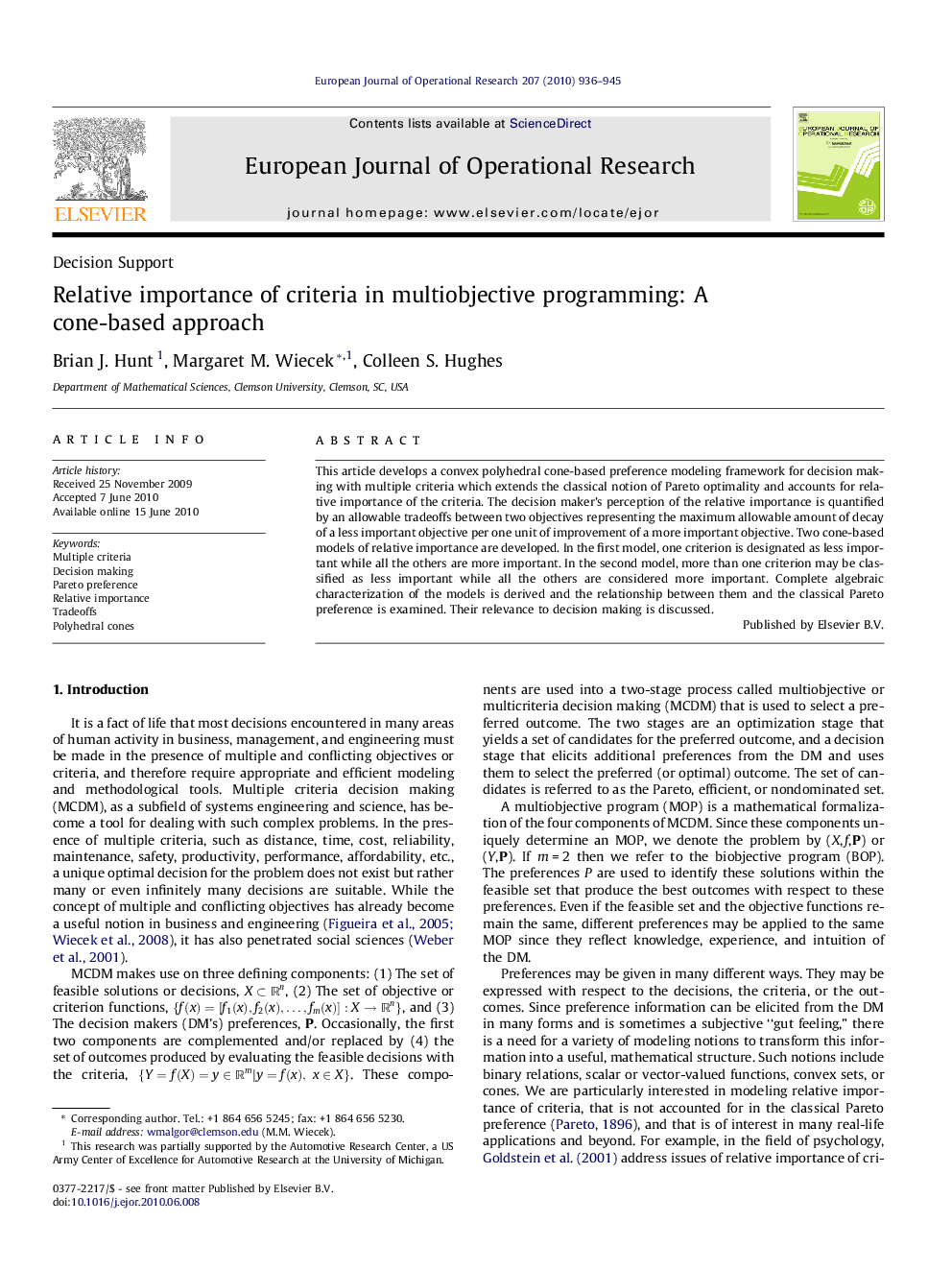 Relative importance of criteria in multiobjective programming: A cone-based approach