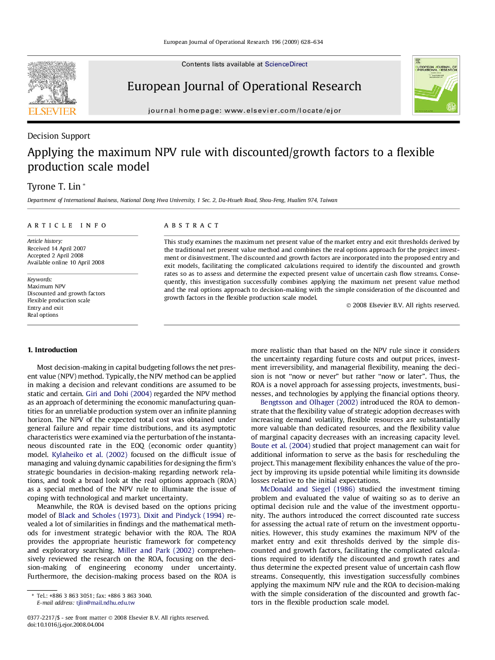 Applying the maximum NPV rule with discounted/growth factors to a flexible production scale model