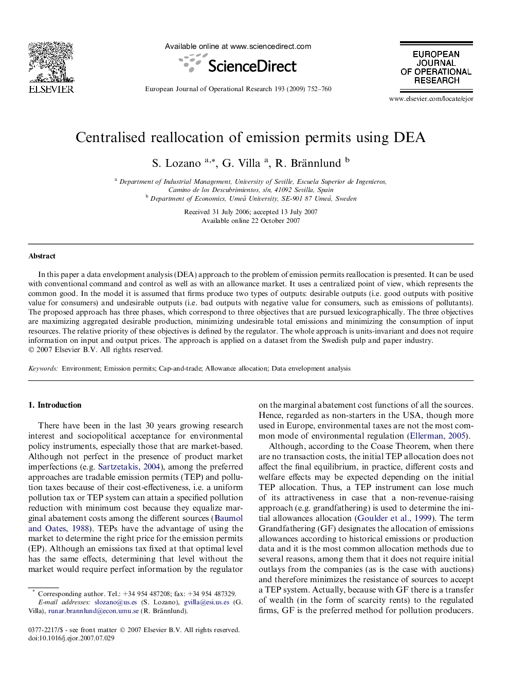 Centralised reallocation of emission permits using DEA