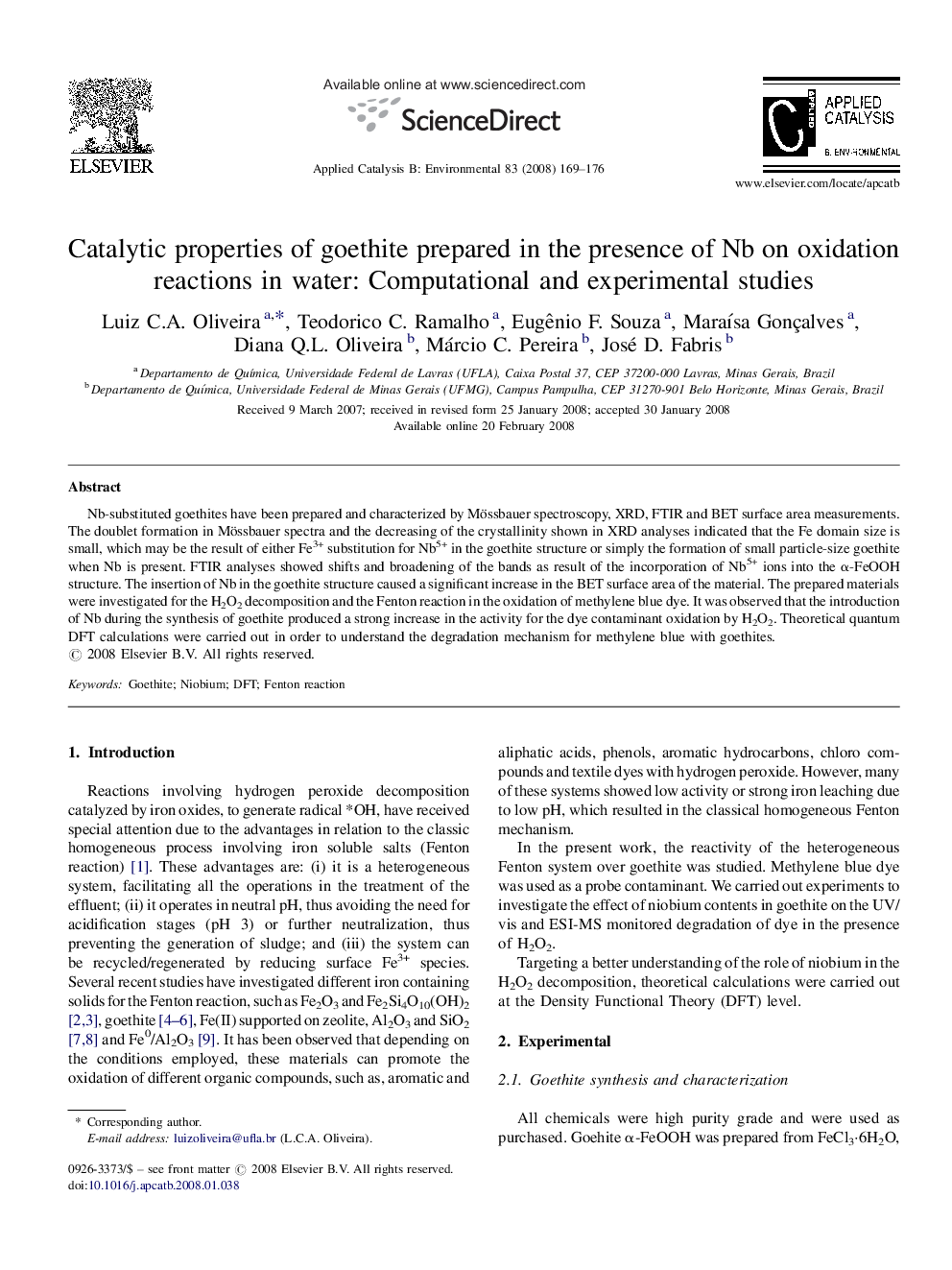 Catalytic properties of goethite prepared in the presence of Nb on oxidation reactions in water: Computational and experimental studies