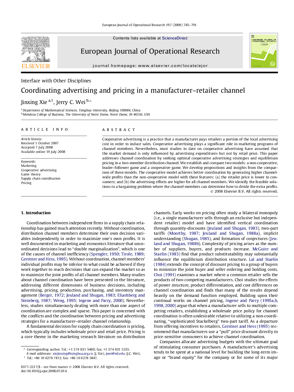 Coordinating advertising and pricing in a manufacturer–retailer channel