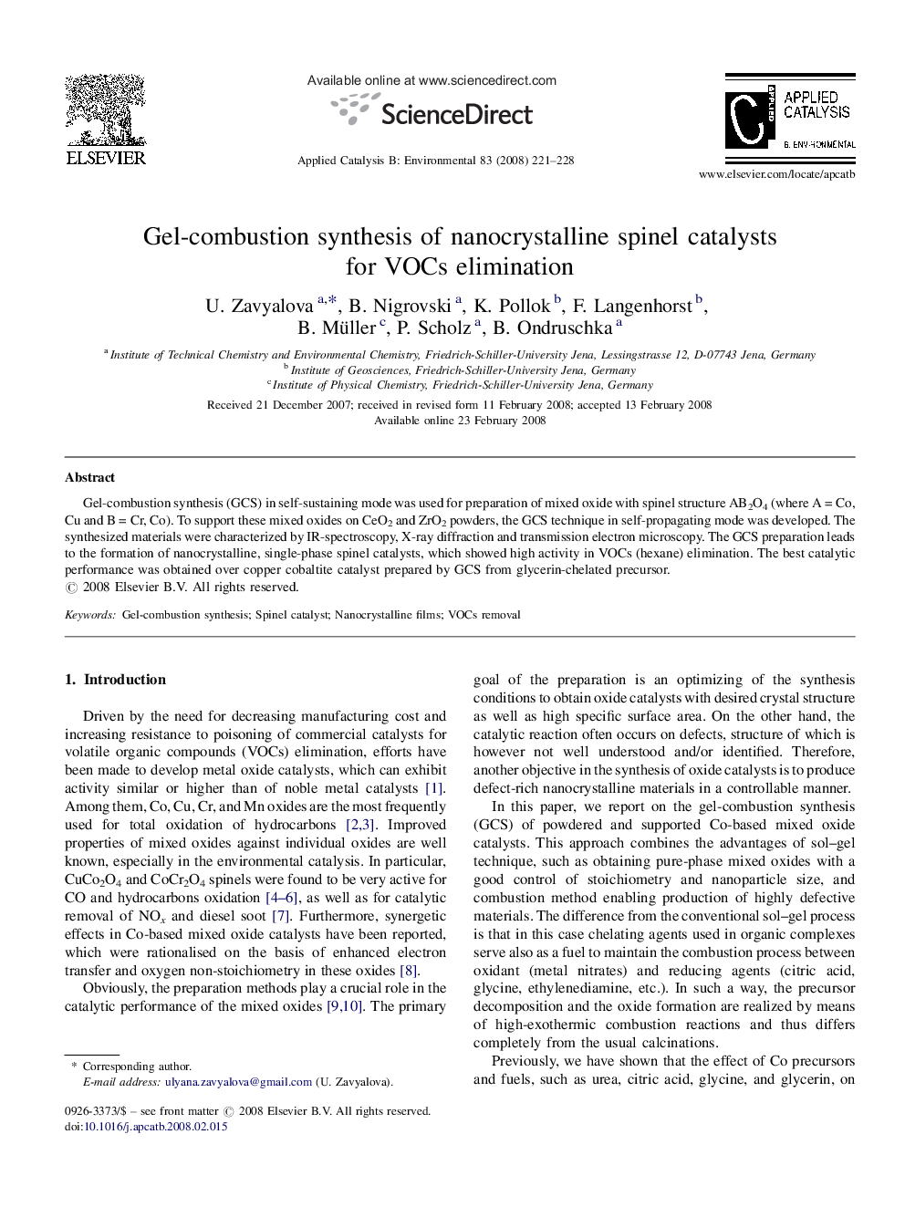 Gel-combustion synthesis of nanocrystalline spinel catalysts for VOCs elimination
