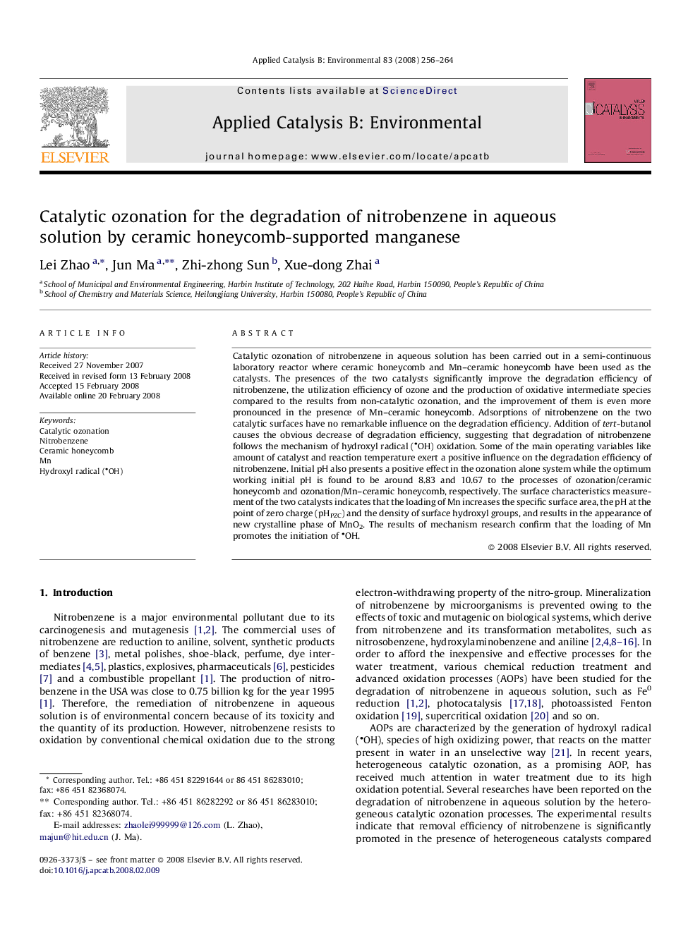 Catalytic ozonation for the degradation of nitrobenzene in aqueous solution by ceramic honeycomb-supported manganese