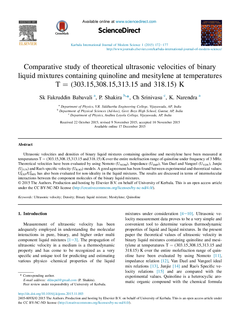 Comparative study of theoretical ultrasonic velocities of binary liquid mixtures containing quinoline and mesitylene at temperatures T = (303.15,308.15,313.15 and 318.15) K 