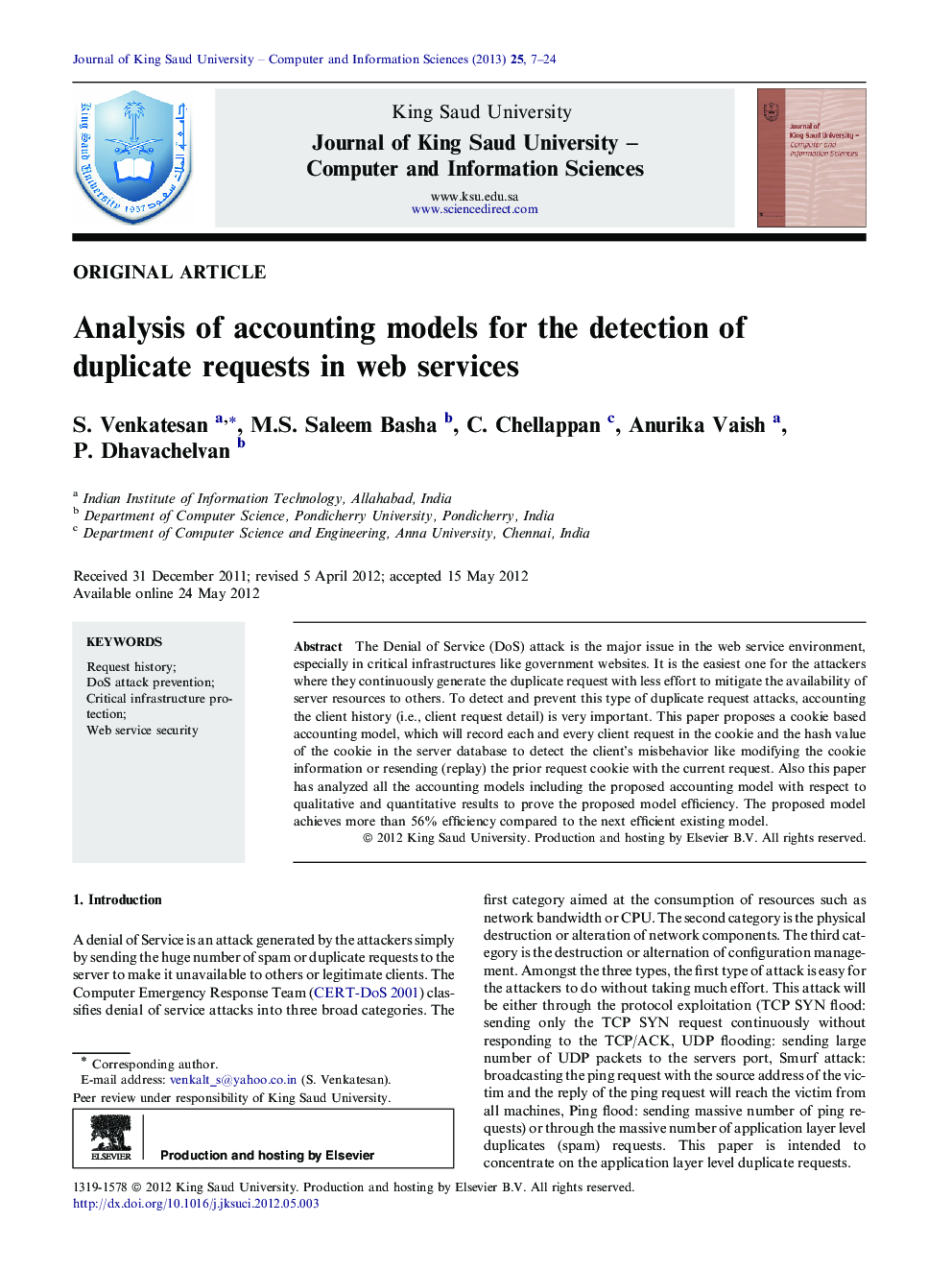 Analysis of accounting models for the detection of duplicate requests in web services 