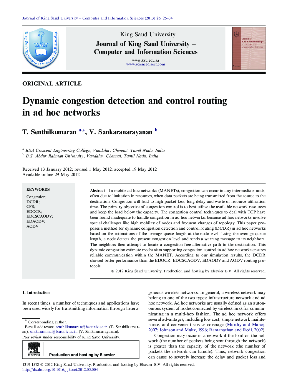 Dynamic congestion detection and control routing in ad hoc networks 