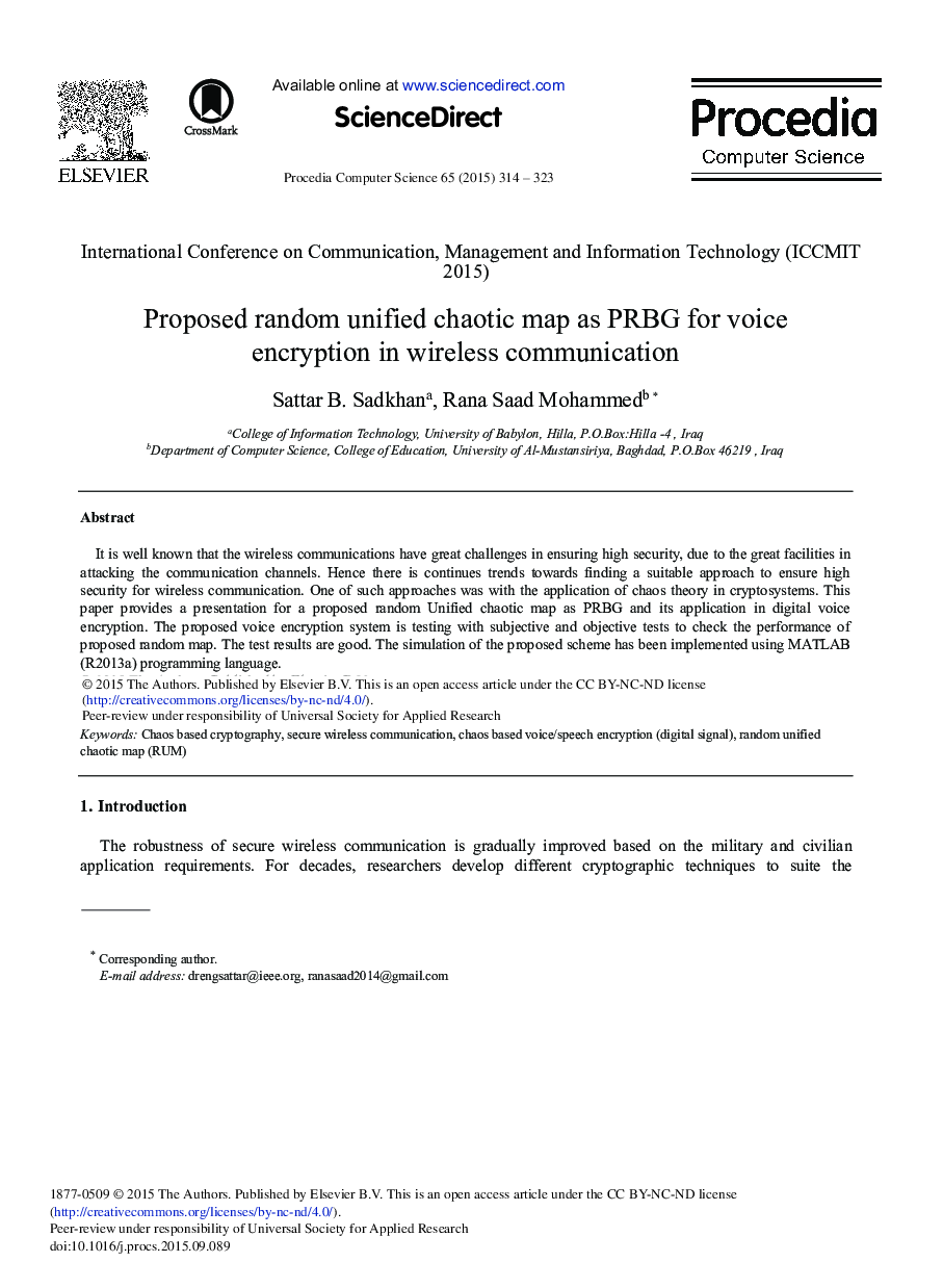 Proposed Random Unified Chaotic Map as PRBG for Voice Encryption in Wireless Communication 