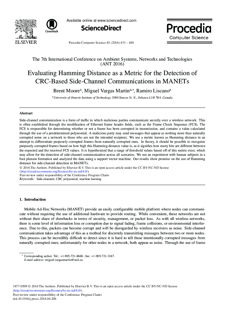 Evaluating Hamming Distance as a Metric for the Detection of CRC-based Side-channel Communications in MANETs 