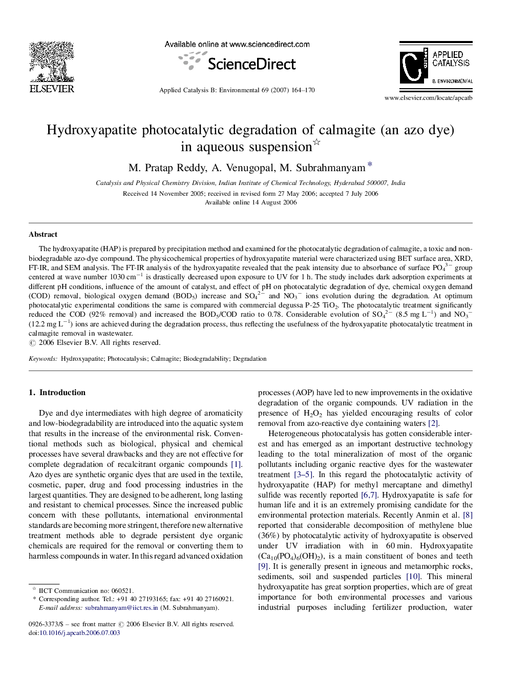 Hydroxyapatite photocatalytic degradation of calmagite (an azo dye) in aqueous suspension 