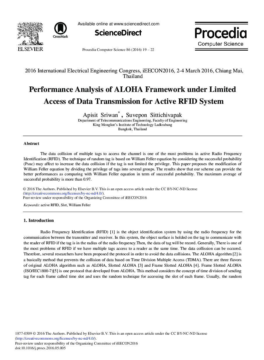 تجزیه و تحلیل عملکرد چارچوب ALOHA تحت دسترسی محدود انتقال داده ها برای سیستم RFID فعال