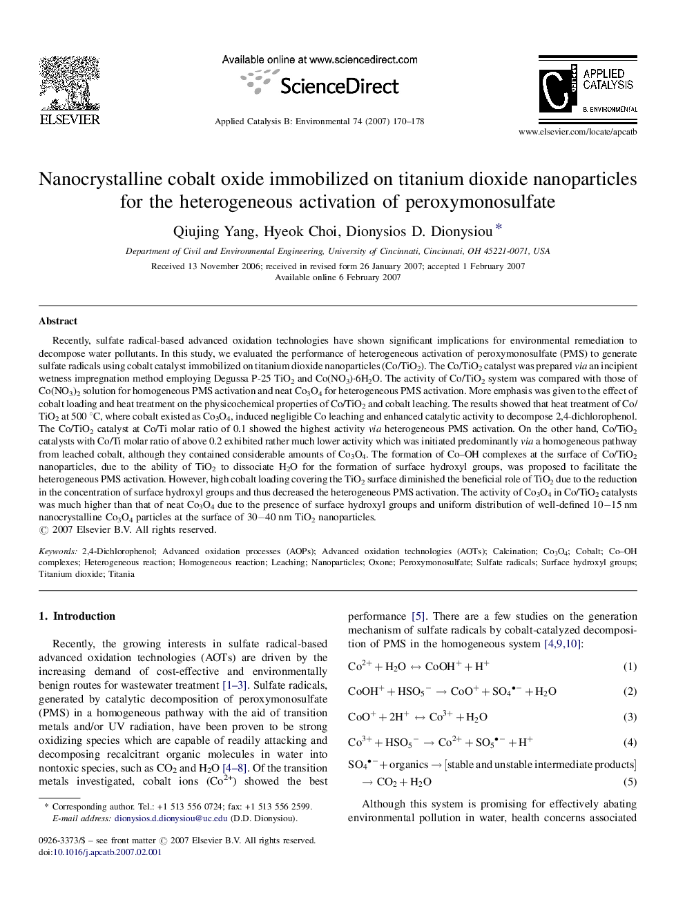 Nanocrystalline cobalt oxide immobilized on titanium dioxide nanoparticles for the heterogeneous activation of peroxymonosulfate