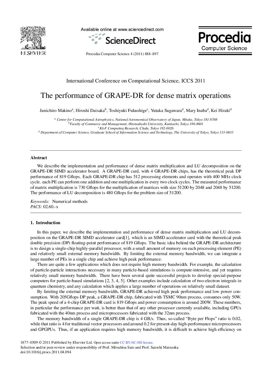 The performance of GRAPE-DR for dense matrix operations