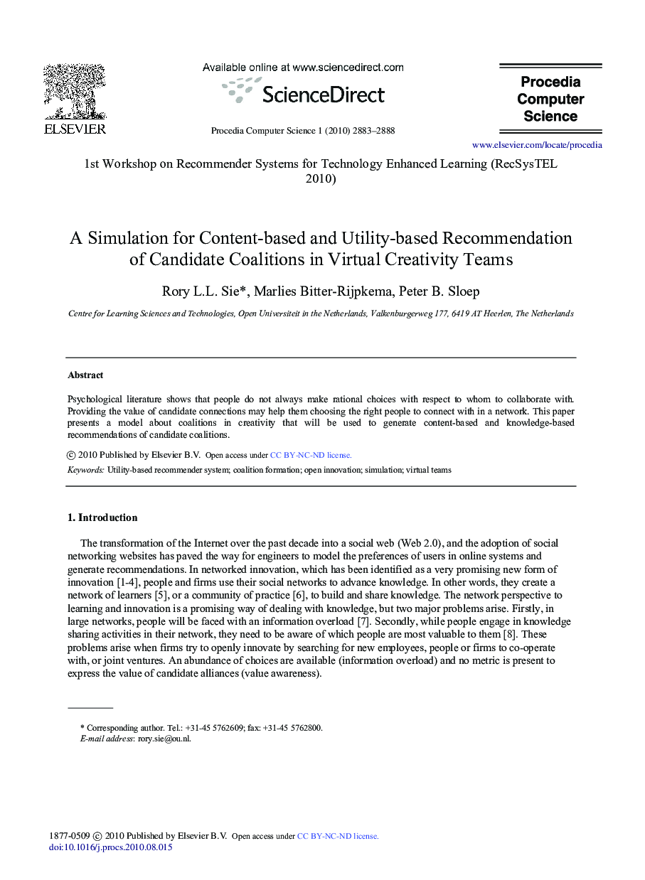 A simulation for content-based and utility-based recommendation of candidate coalitions in virtual creativity teams