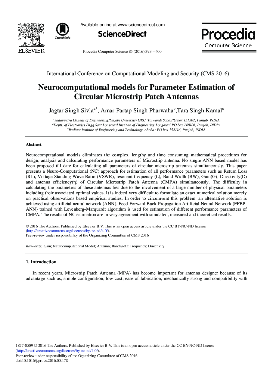 Neurocomputational Models for Parameter Estimation of Circular Microstrip Patch Antennas 