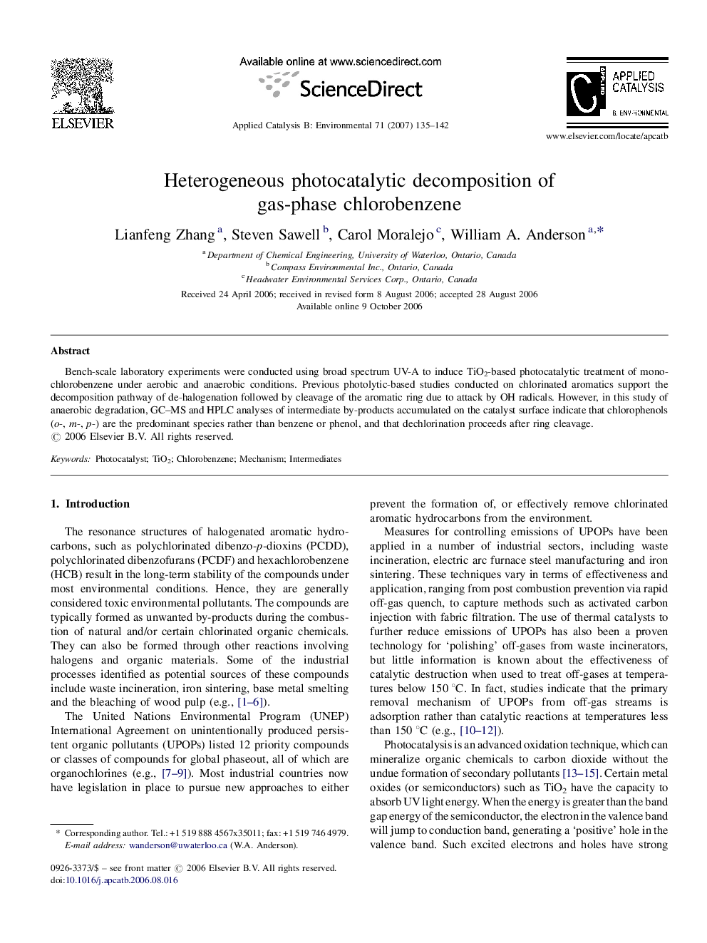 Heterogeneous photocatalytic decomposition of gas-phase chlorobenzene