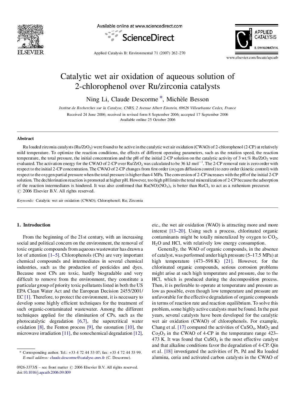 Catalytic wet air oxidation of aqueous solution of 2-chlorophenol over Ru/zirconia catalysts
