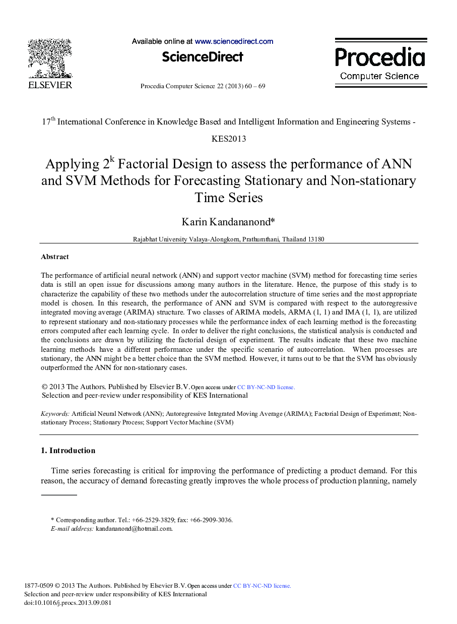 Applying 2k Factorial Design to Assess the Performance of ANN and SVM Methods for Forecasting Stationary and Non-stationary Time Series 