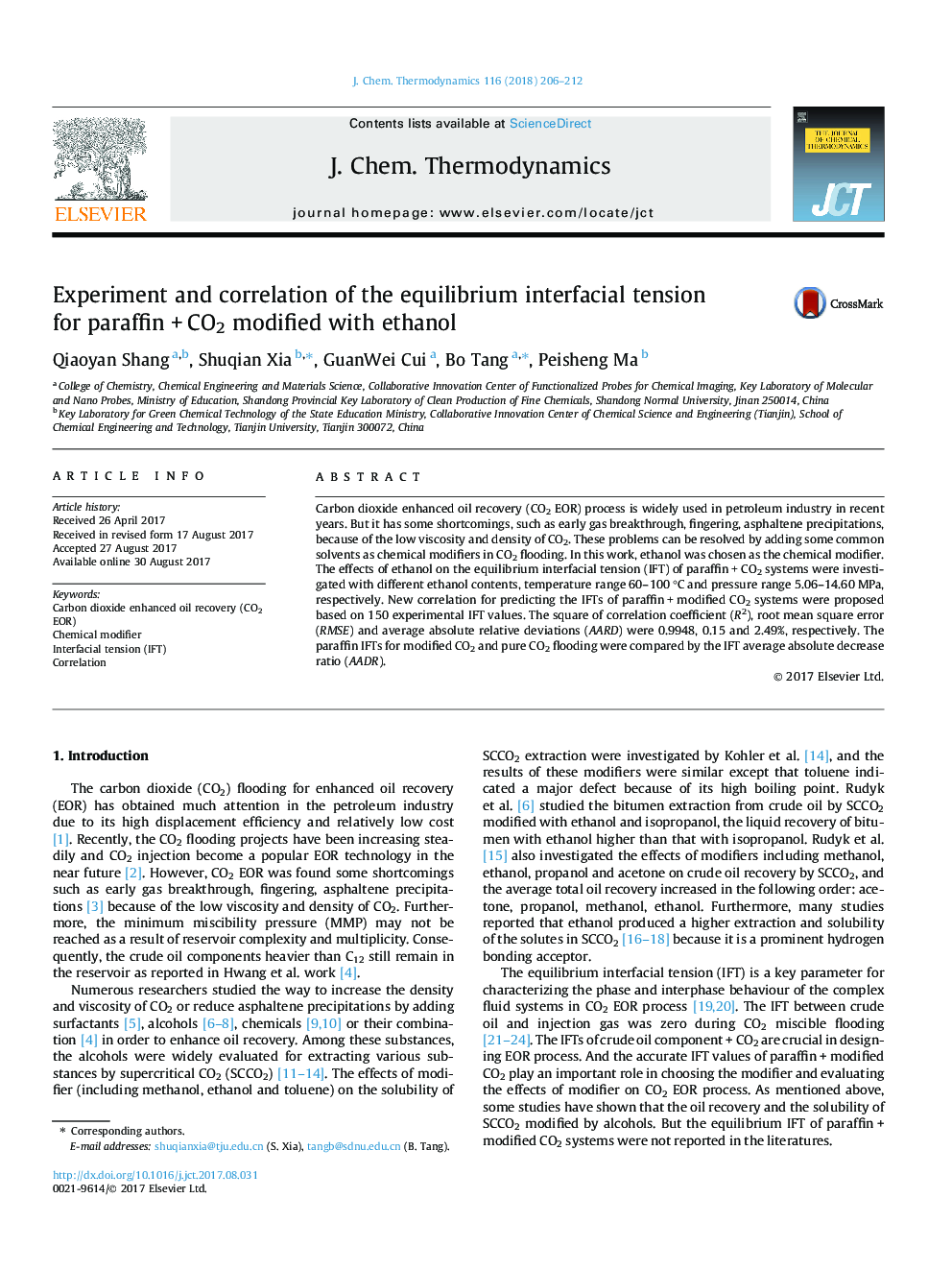 آزمایش و همبستگی تنش بین سطحی تعادل برای پارافین +CO2 اصلاح شده با اتانول