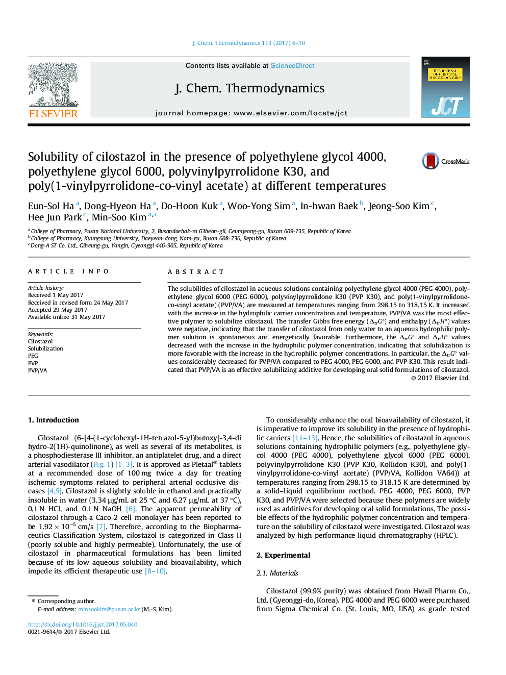 Solubility of cilostazol in the presence of polyethylene glycol 4000, polyethylene glycol 6000, polyvinylpyrrolidone K30, and poly(1-vinylpyrrolidone-co-vinyl acetate) at different temperatures