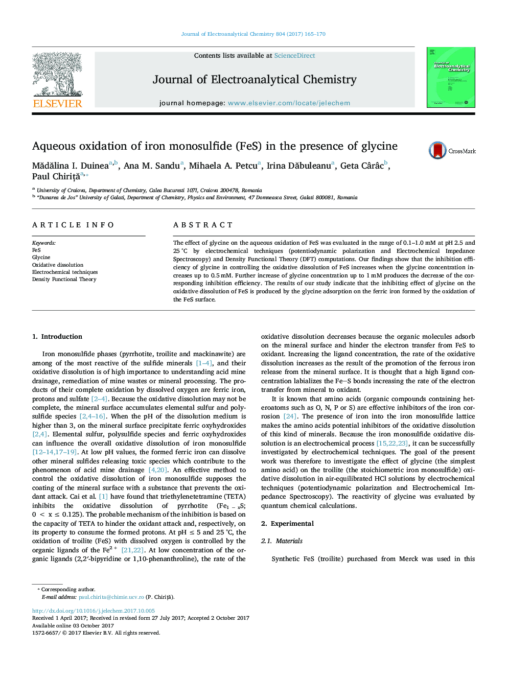 Aqueous oxidation of iron monosulfide (FeS) in the presence of glycine