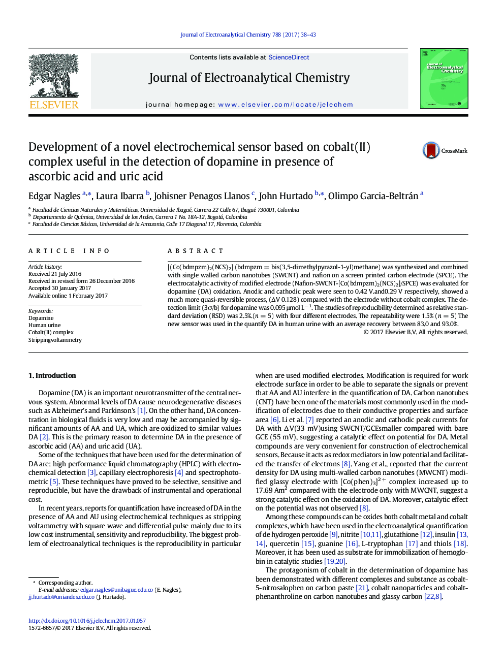 Development of a novel electrochemical sensor based on cobalt(II) complex useful in the detection of dopamine in presence of ascorbic acid and uric acid