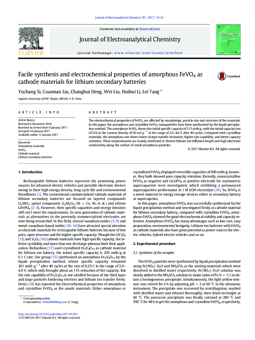 Facile synthesis and electrochemical properties of amorphous FeVO4 as cathode materials for lithium secondary batteries