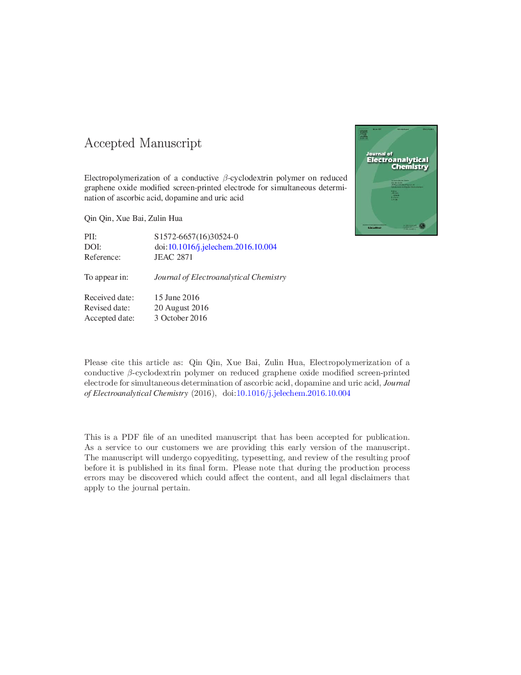 Electropolymerization of a conductive Î²-cyclodextrin polymer on reduced graphene oxide modified screen-printed electrode for simultaneous determination of ascorbic acid, dopamine and uric acid