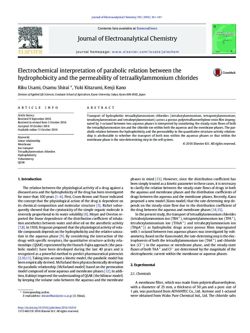 تفسیر الکتروشیمیایی از رابطه پارابولیکی بین هیدروفوبیت و نفوذپذیری تتراکلی آمونیوم کلرید 