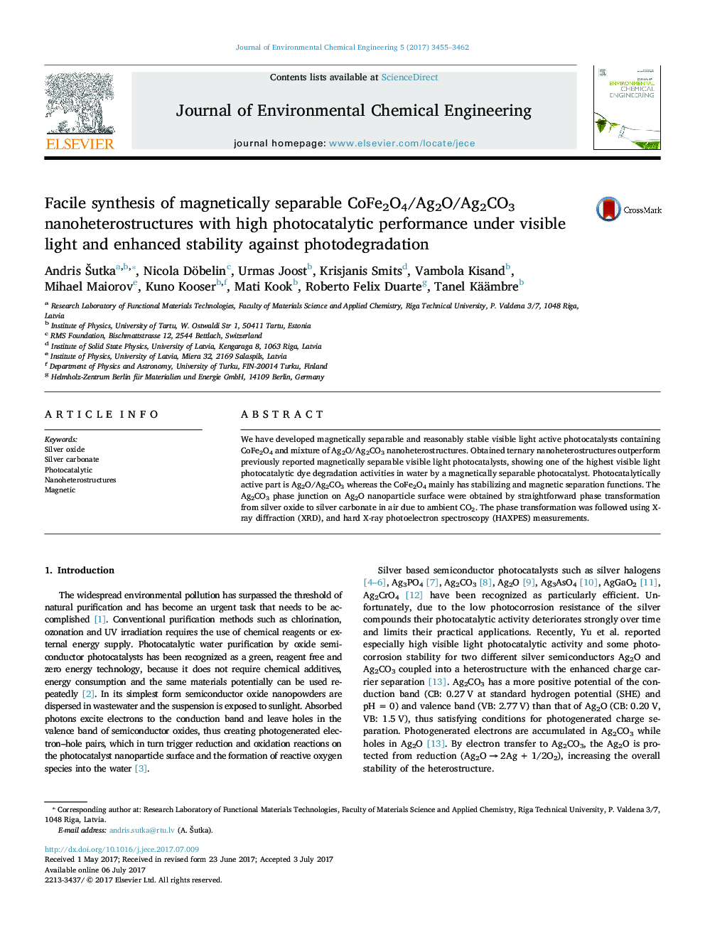 Facile synthesis of magnetically separable CoFe2O4/Ag2O/Ag2CO3 nanoheterostructures with high photocatalytic performance under visible light and enhanced stability against photodegradation