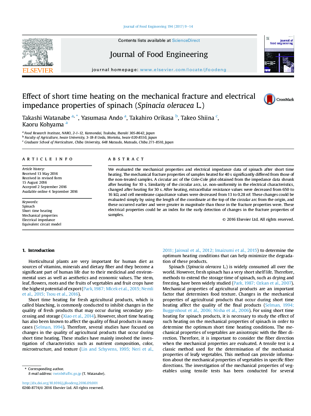 Effect of short time heating on the mechanical fracture and electrical impedance properties of spinach (Spinacia oleracea L.)