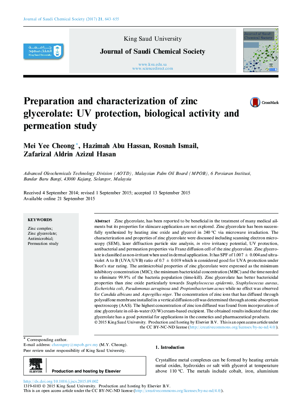 Preparation and characterization of zinc glycerolate: UV protection, biological activity and permeation study